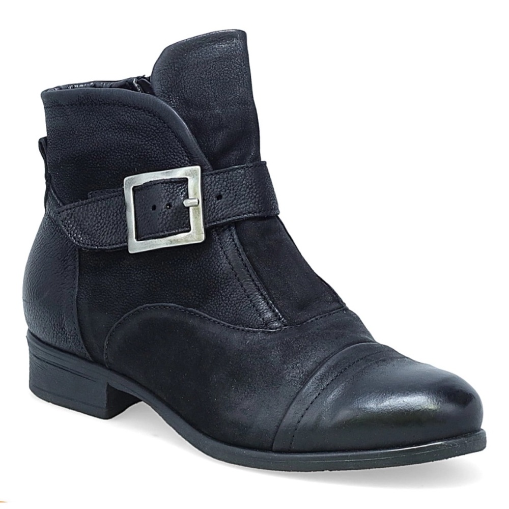 Miz Mooz Black Leather Combat Moto Ankle Boots with Silver Buckle